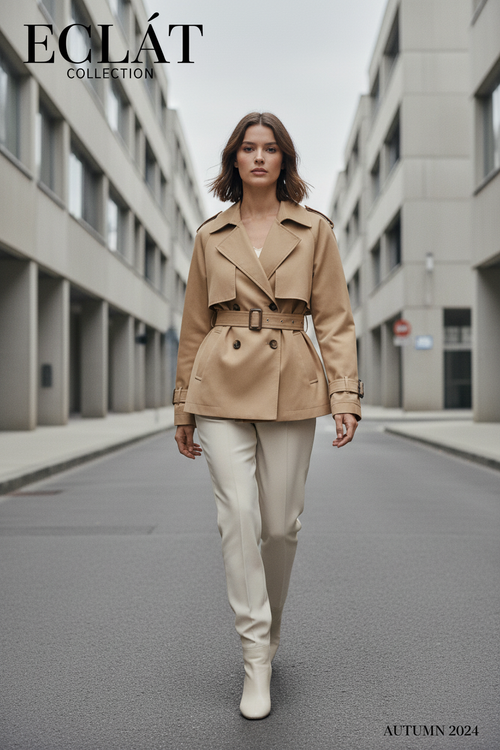Auren Belted Short Trench Coat – model walking on a minimal street, quiet luxury editorial